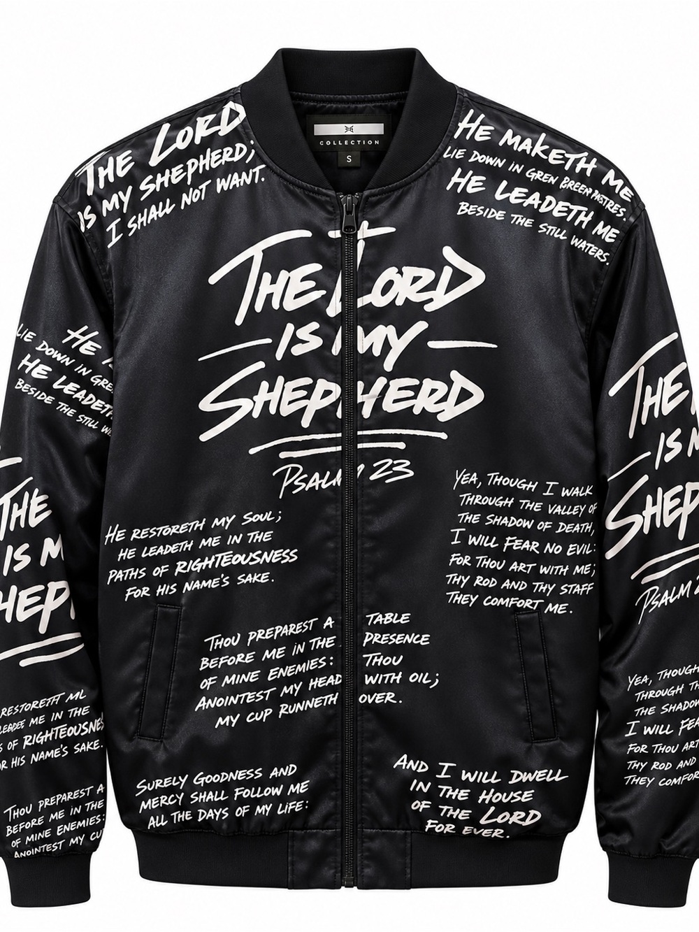 Collection B Black Script Bomber Jacket - Psalm 23 Graphic S